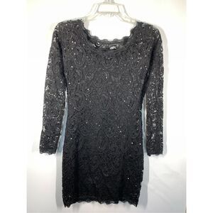 Sequin Hearts Women's Sheer Long Sleeve Lace Sequin Bodycon Dress Black Medium